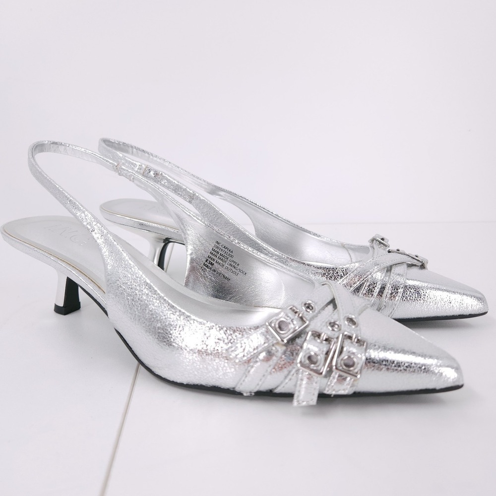 I.N.C. Capeka Slingback Pumps Silver Buckle Kitten Heel Pointed Toe Womens 8.5 M
